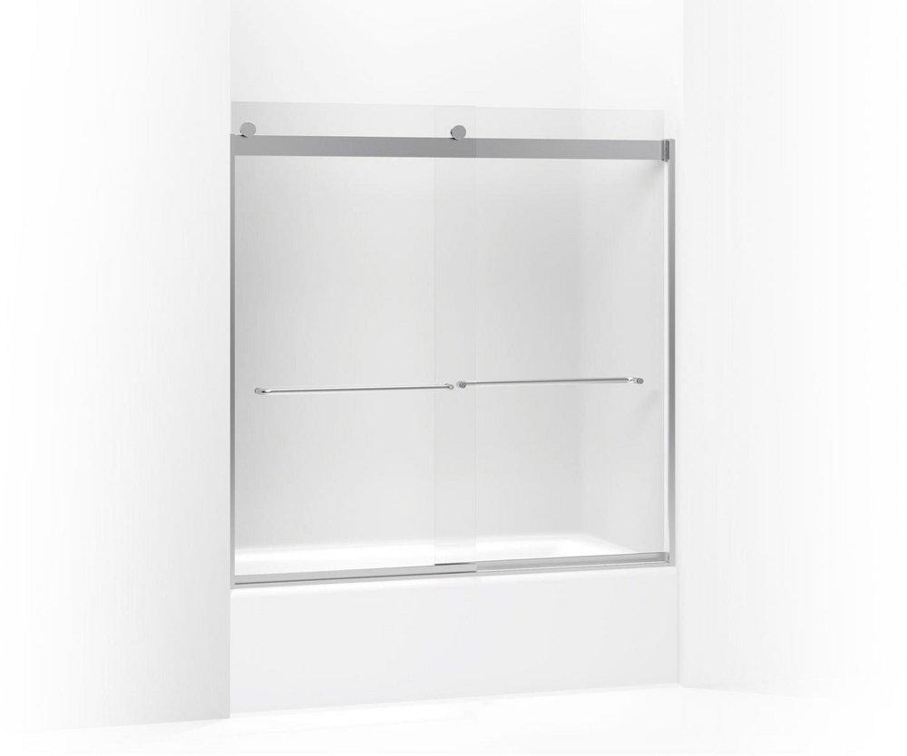 KOHLER Bright Silver 56-5/8 in. Sliding Bath Door with 1/4 in. Frosted Glass and Towel Bar 