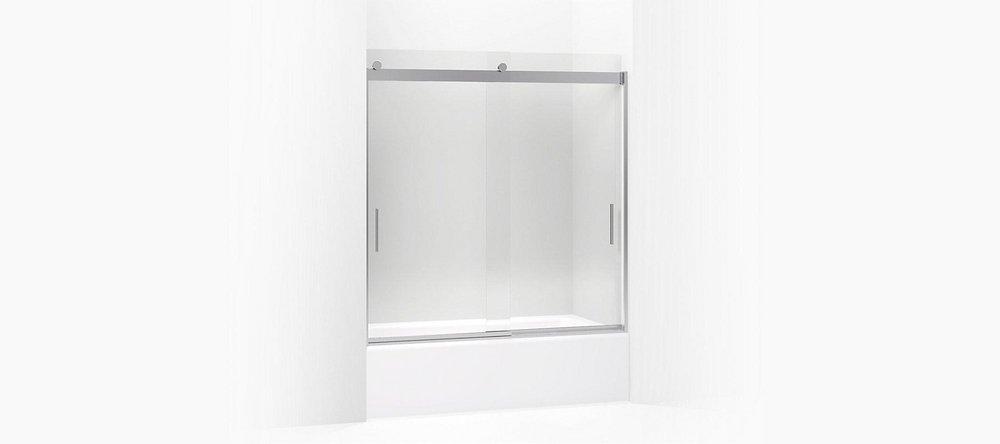 KOHLER Bright Silver 62 x 59-5/8 in. Frameless Sliding Bath Door with Crystal Clear Glass and Blade Handle 