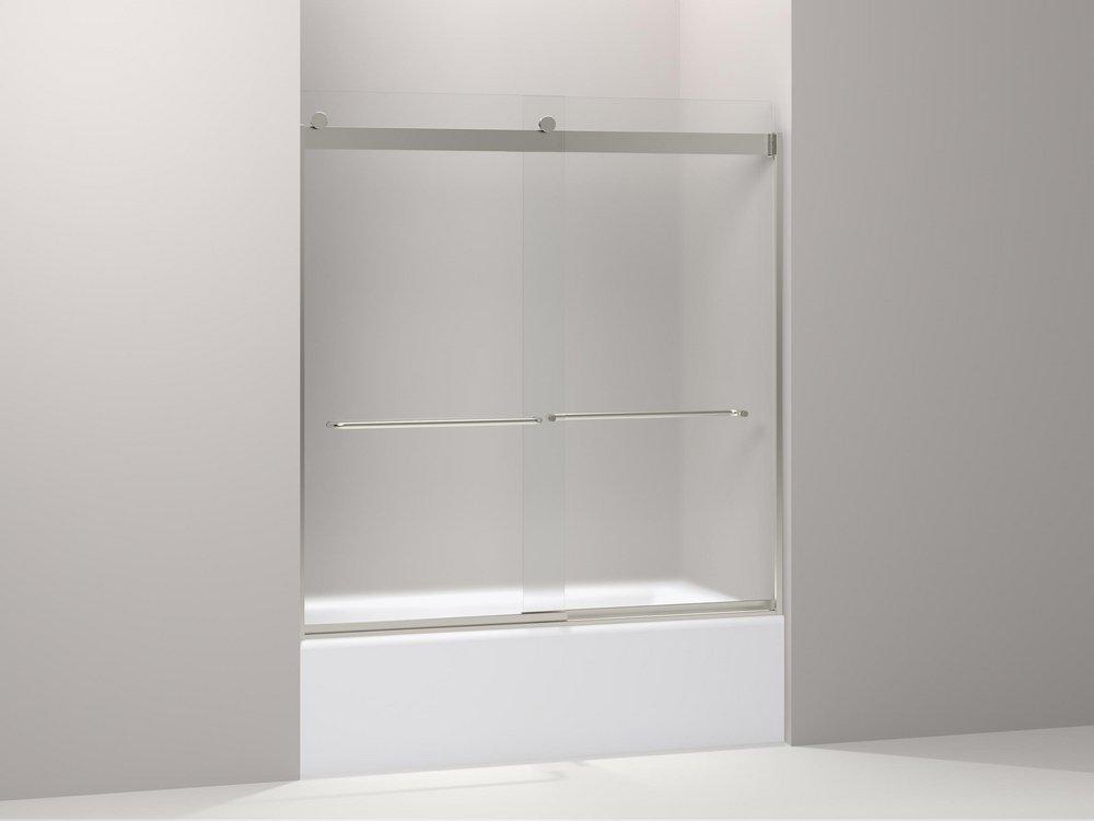 KOHLER Matte Nickel 62 x 59-5/8 in. Frameless Sliding Bath Door with Frosted Glass and Towel Bar 