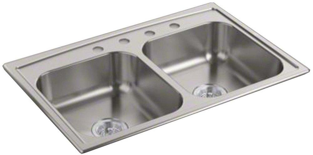 KOHLER Stainless Steel 33 x 22 in. 4 Hole Double Bowl Drop-in Kitchen Sink 