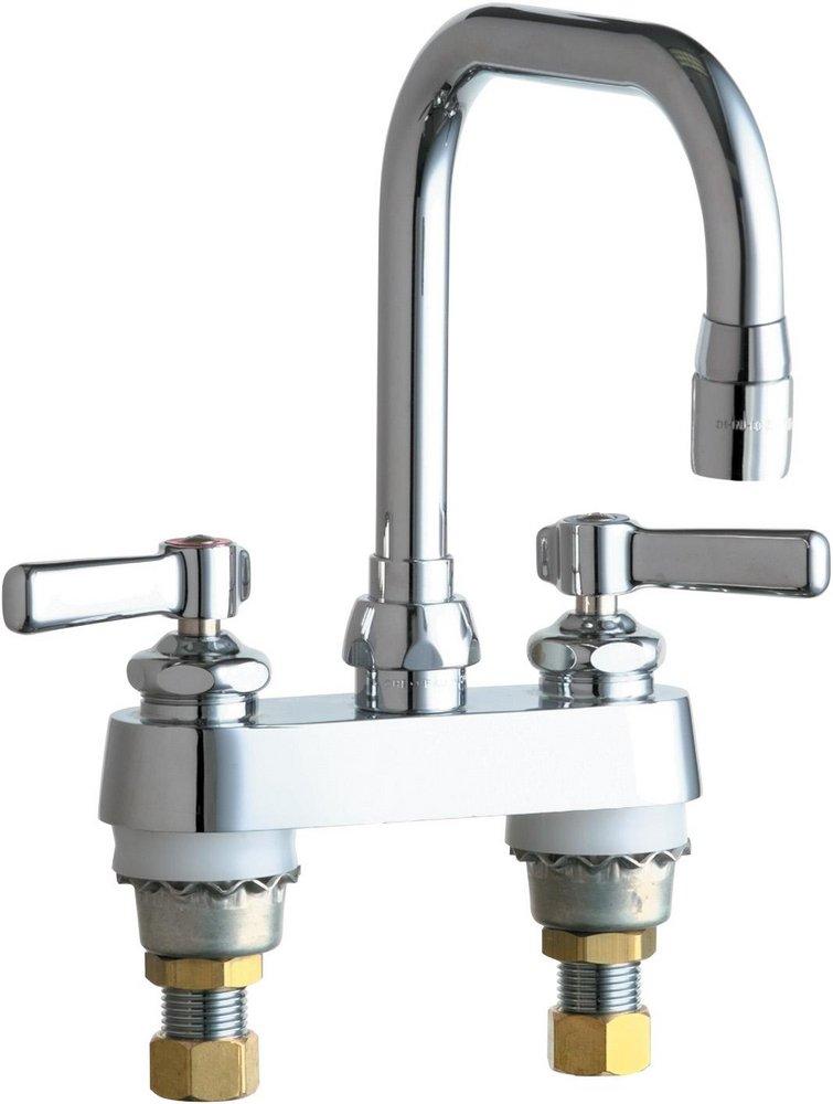 Chicago Faucets Polished Chrome 2.2 gpm 2-Hole Hot and Cold Water Sink Faucet with Double Lever Handle and 4 in. Spout Height 