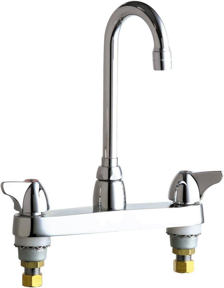 Chicago Faucets Polished Chrome 2.2 gpm 3 Hole Deck Mount Widespread Hot and Cold Water Sink Faucet with Double Canopy Single Wing Handle 