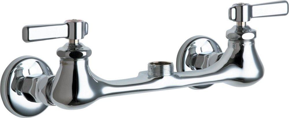 Chicago Faucets Polished Chrome 2 Hole Wall Mount Widespread Hot and Cold Water Sink Faucet with Double Lever Handle 