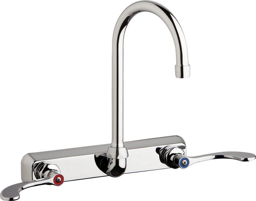Chicago Faucets Polished Chrome 1.5 gpm 3 Hole Wall Mount Metering Hot and Cold Water Washboard Sink Faucet with Double Wristblade Handle 