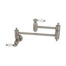 1-Hole Wall Mount Pot Filler with Double Porcelain Lever Handle in Satin Nickel