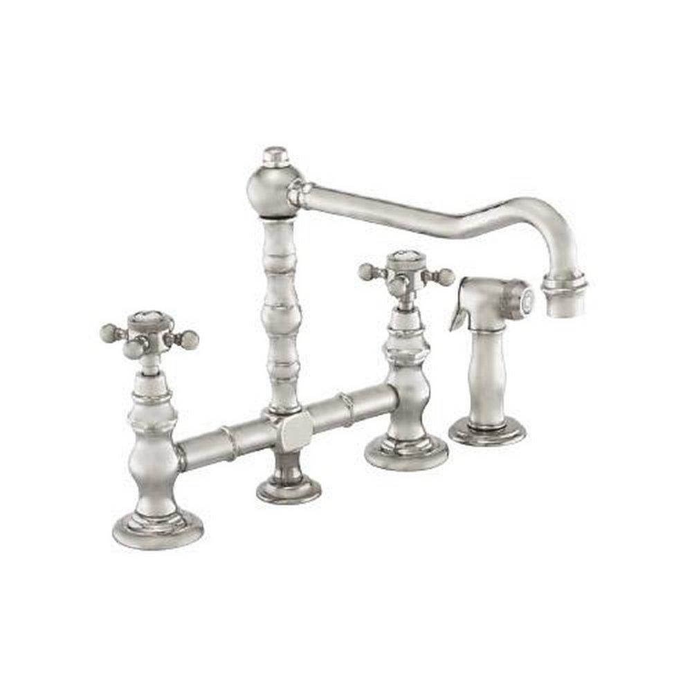 Harrington Brass Works Satin Nickel 4-Hole Kitchen Faucet with Double Cross Handle and Hand Spray 