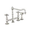 4-Hole Kitchen Faucet with Double Cross Handle and Hand Spray in Satin Nickel