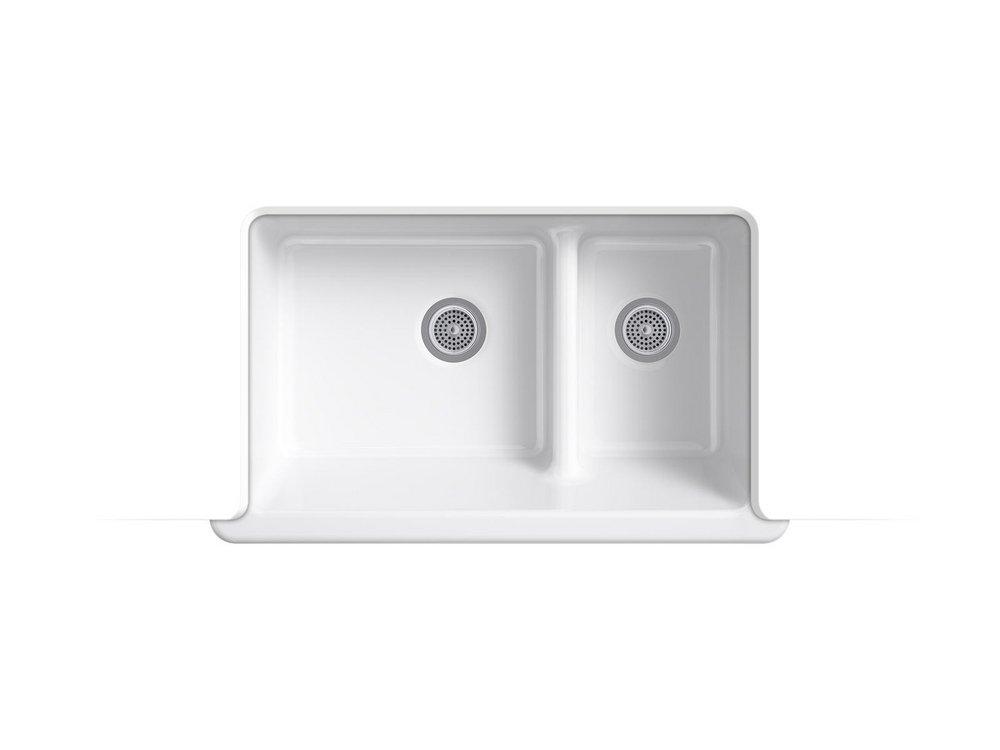 KOHLER White 35-11/16 x 21-9/16 in. Cast Iron Double Bowl Farmhouse Kitchen Sink with Smart Divide 