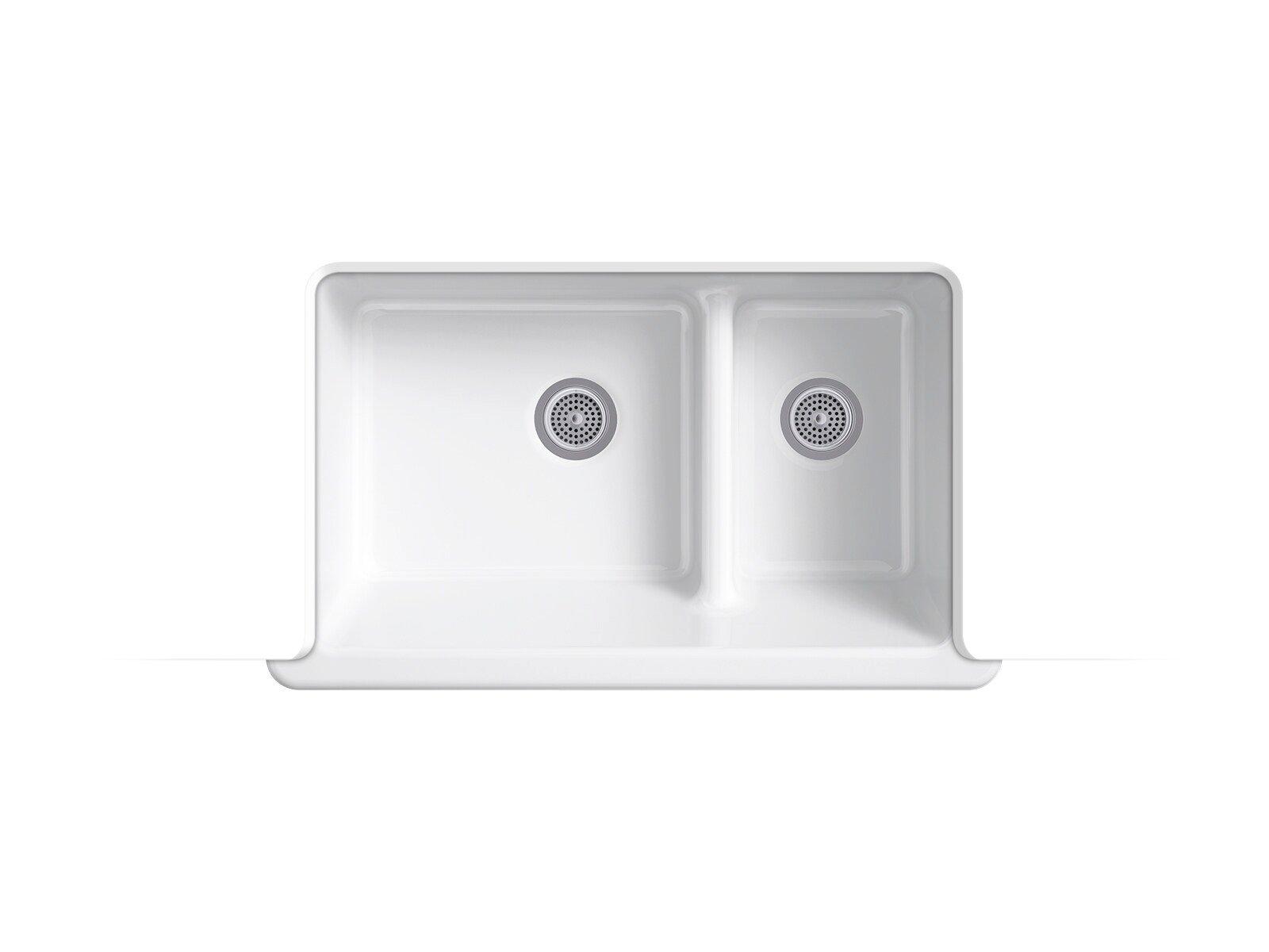 KOHLER White 35-11/16 x 21-9/16 in. No Hole Cast Iron Double Bowl Apron Front Kitchen Sink 