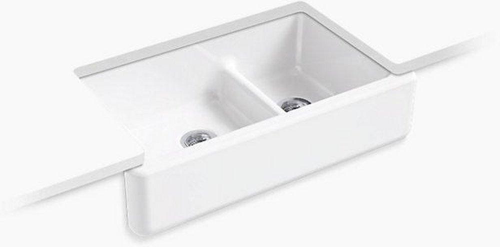 KOHLER White 35-11/16 x 21-9/16 in. Cast Iron Double Bowl Farmhouse Kitchen Sink with Smart Divide 