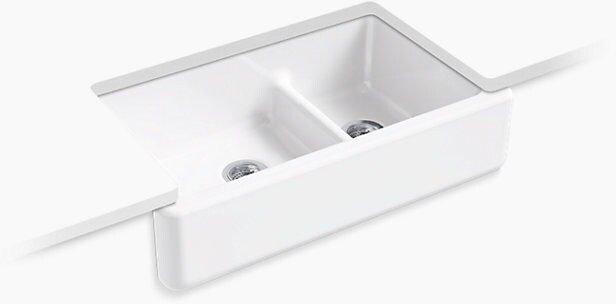 KOHLER White 35-11/16 x 21-9/16 in. No Hole Cast Iron Double Bowl Apron Front Kitchen Sink 