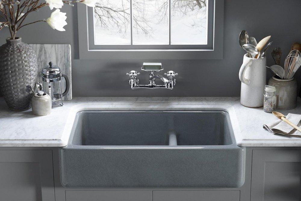 KOHLER White 35-1/2 x 21-9/16 in. Cast Iron Double Bowl Farmhouse Kitchen Sink with Smart Divide 
