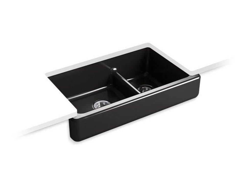 KOHLER Black Black&trade; 35-1/2 x 21-9/16 in. Cast Iron Double Bowl Farmhouse Kitchen Sink with Smart Divide 