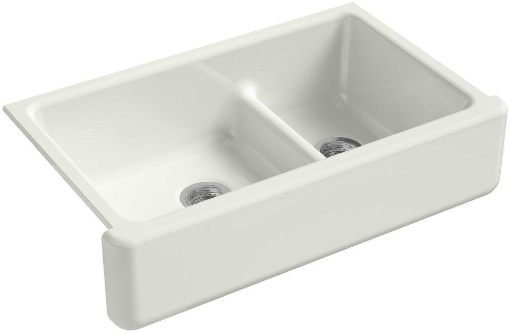 KOHLER Dune 35-11/16 x 21-9/16 in. Cast Iron Double Bowl Farmhouse Kitchen Sink with Smart Divide 