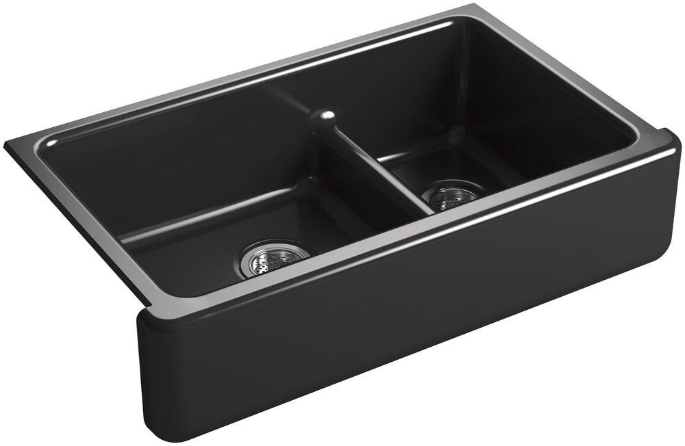 KOHLER Black Black&trade; 35-11/16 x 21-9/16 in. Cast Iron Double Bowl Farmhouse Kitchen Sink with Smart Divide 
