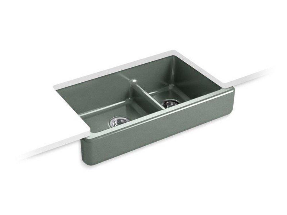 KOHLER Basalt 35-1/2 x 21-9/16 in. Cast Iron Double Bowl Farmhouse Kitchen Sink with Smart Divide 