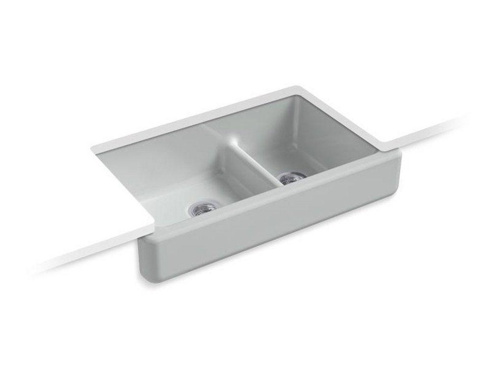 KOHLER Ice&trade; Grey 35-1/2 x 21-9/16 in. Cast Iron Double Bowl Farmhouse Kitchen Sink with Smart Divide 