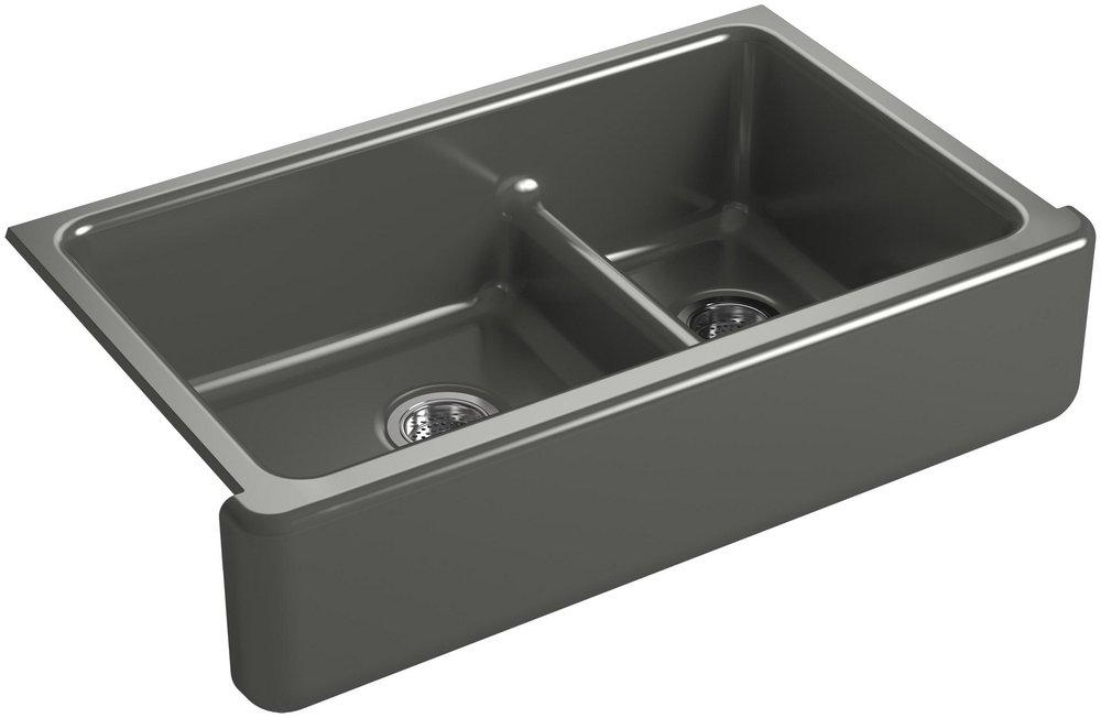 KOHLER Thunder&trade; Grey 35-11/16 x 21-9/16 in. Cast Iron Double Bowl Farmhouse Kitchen Sink with Smart Divide 