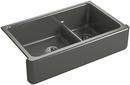 KOHLER Thunder&trade; Grey 35-11/16 x 21-9/16 in. Cast Iron Double Bowl Farmhouse Kitchen Sink with Smart Divide 
