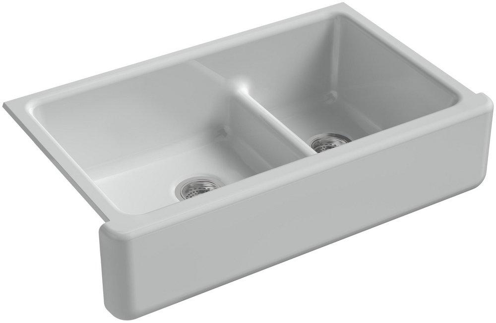 KOHLER Ice&trade; Grey 35-11/16 x 21-9/16 in. Cast Iron Double Bowl Farmhouse Kitchen Sink with Smart Divide 