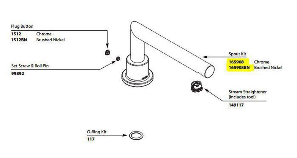 Moen Brushed Nickel ARRIS Roman Tub NON Diverter Spout Replacement Kit Polished Chrome 