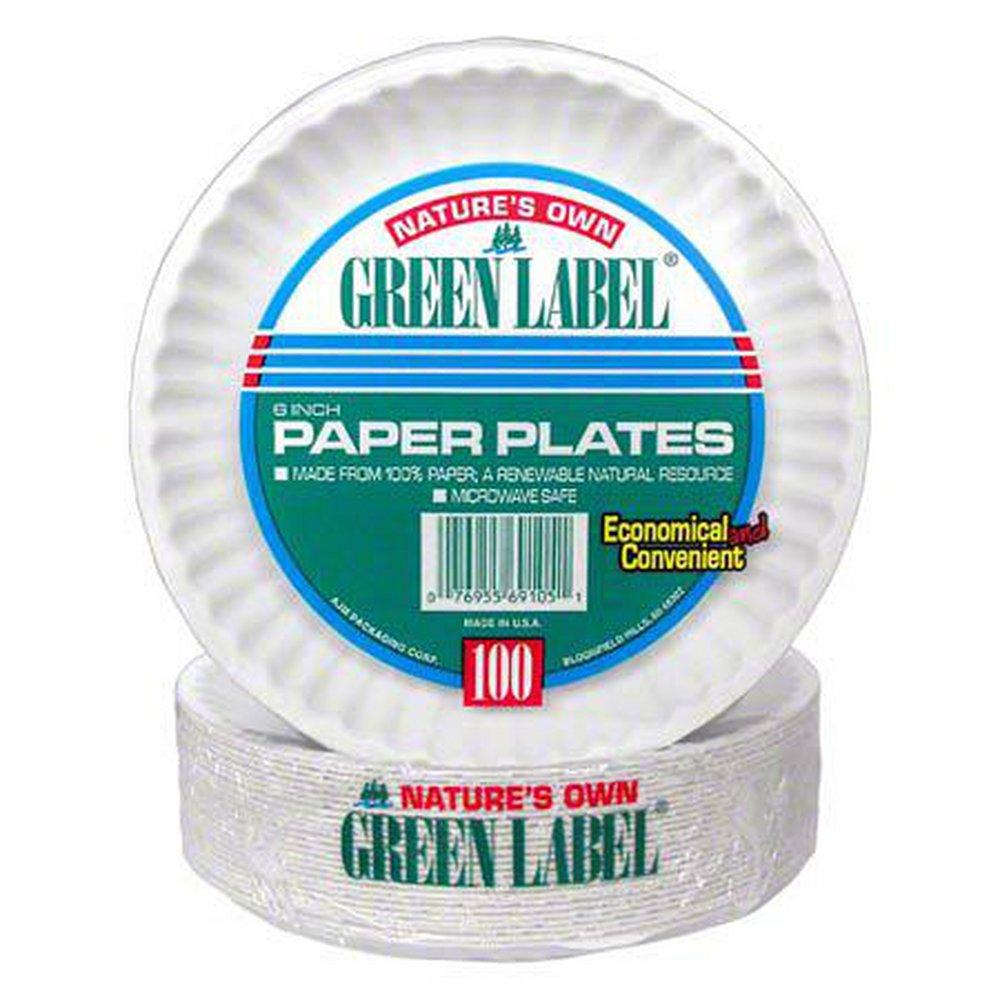 White Paper Plate with Green Label in White (Case of 100) 
