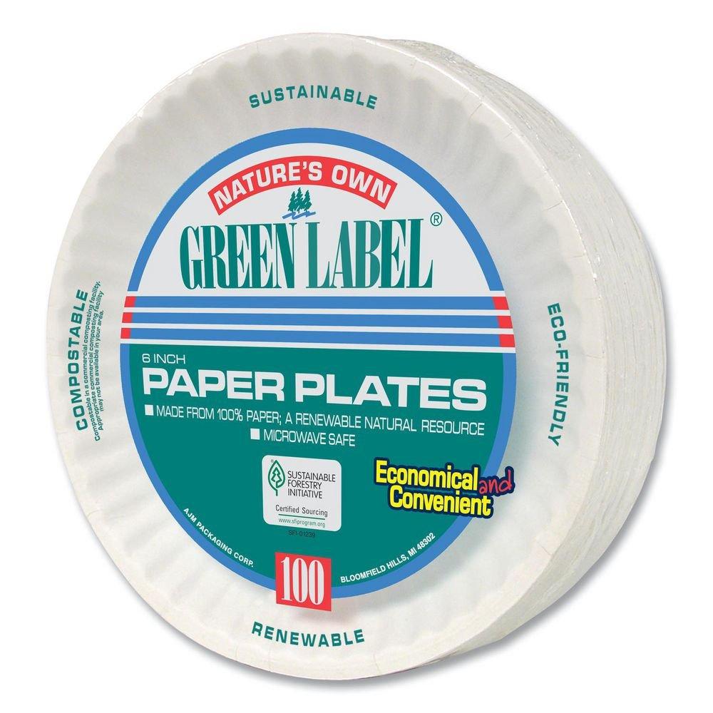AJM White Paper Plate with Green Label in White (Case of 100) 