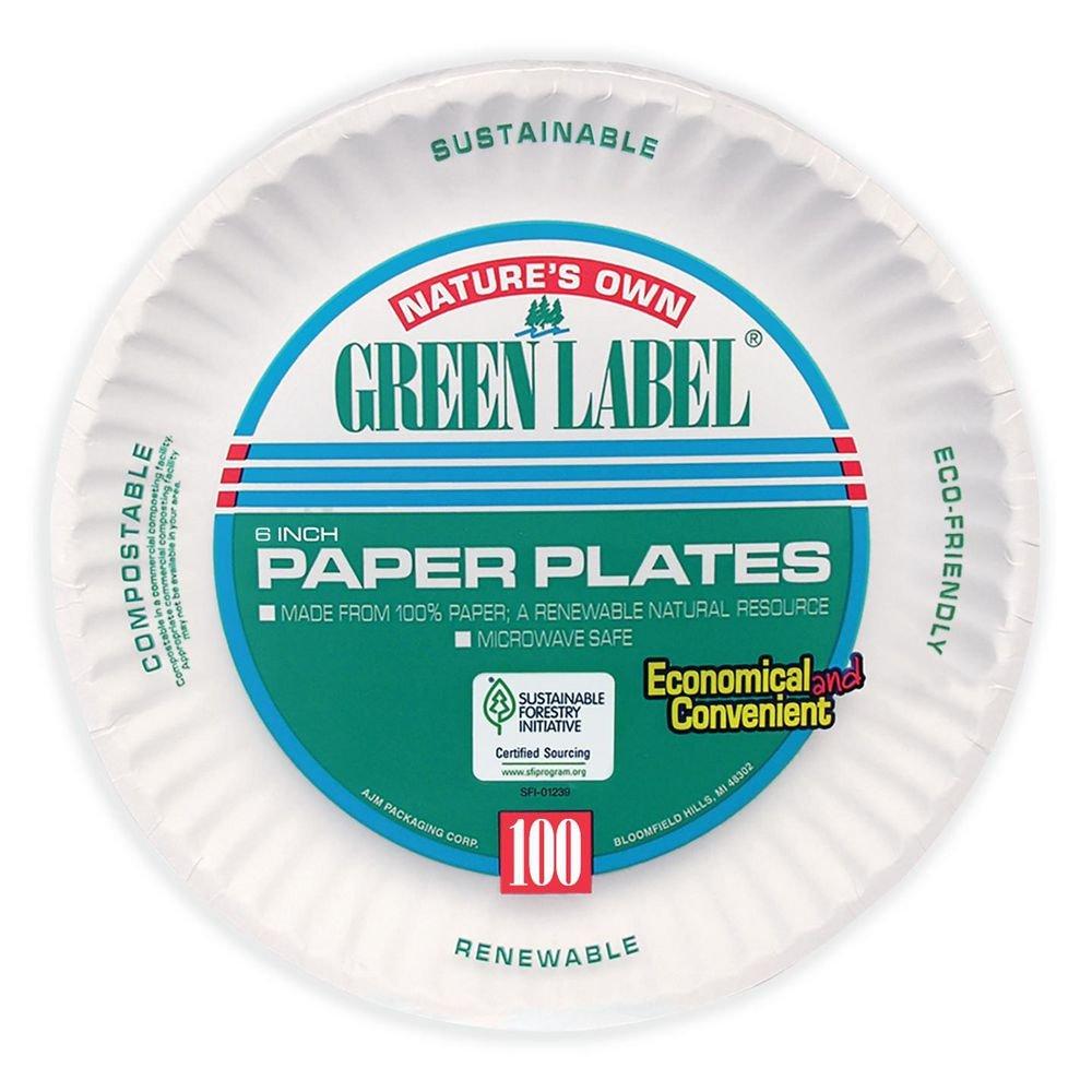 AJM White Paper Plate with Green Label in White (Case of 100) 
