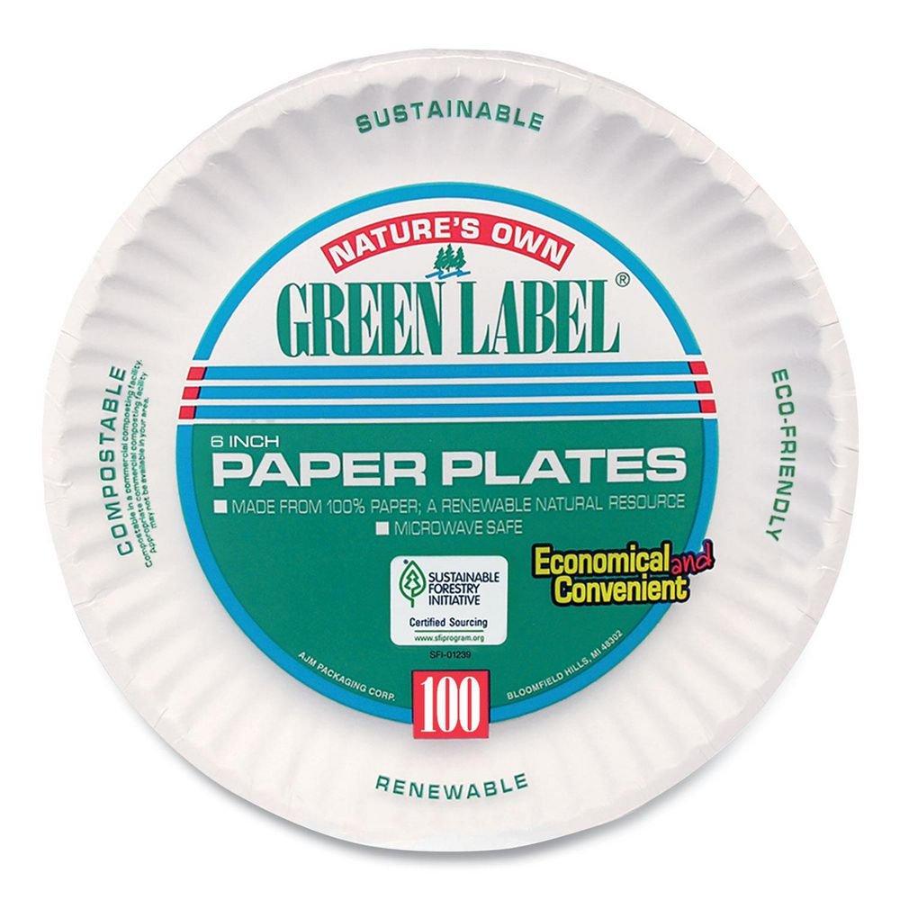 AJM White Paper Plate with Green Label in White (Case of 100) 