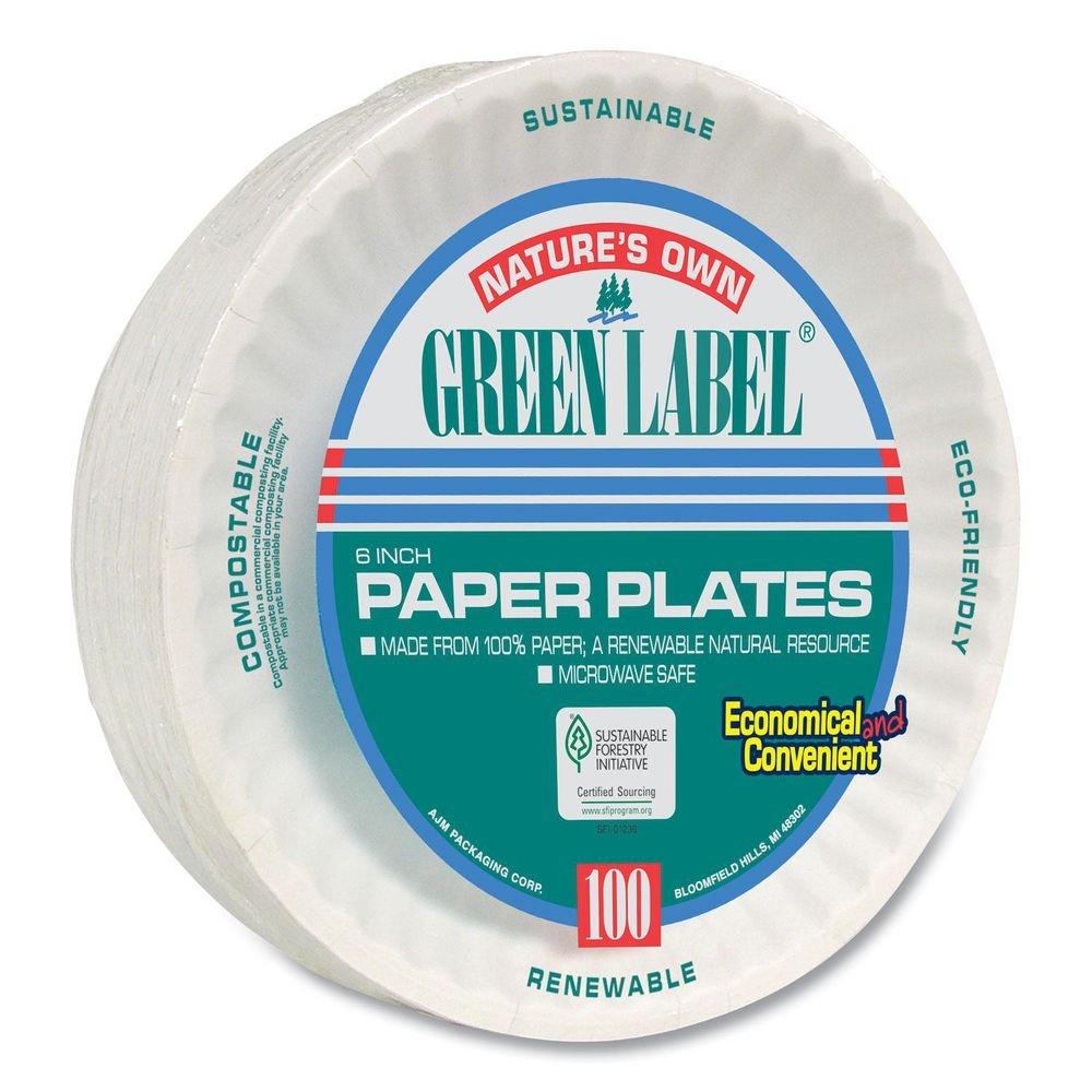AJM White Paper Plate with Green Label in White (Case of 100) 