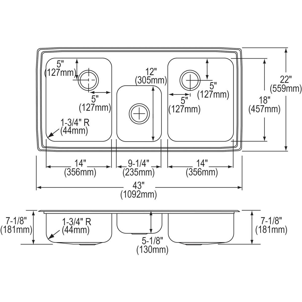 Elkay Brushed Satin 43 x 22 in. Stainless Steel Triple Bowl Drop-in Kitchen Sink in Brushed Satin 