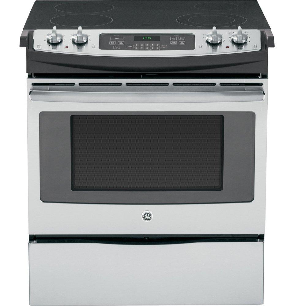 GE&reg; Stainless Steel/Grey 31-1/4 in. Electric 4-Burner Radiant Smoothtop Slide-in Range 