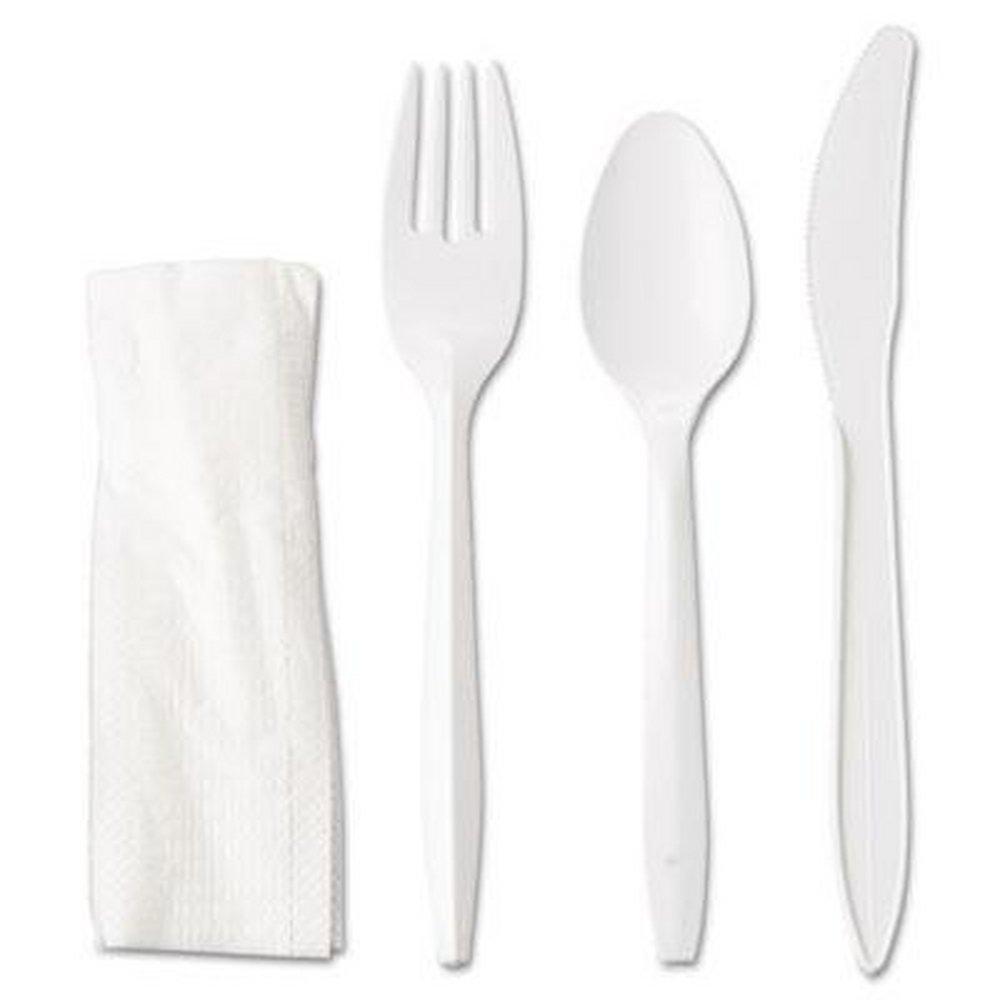 GEN White Medium Weight Plastic Fork, Knife, Spoon and Napkin Cutlery Kit (Case of 250) 