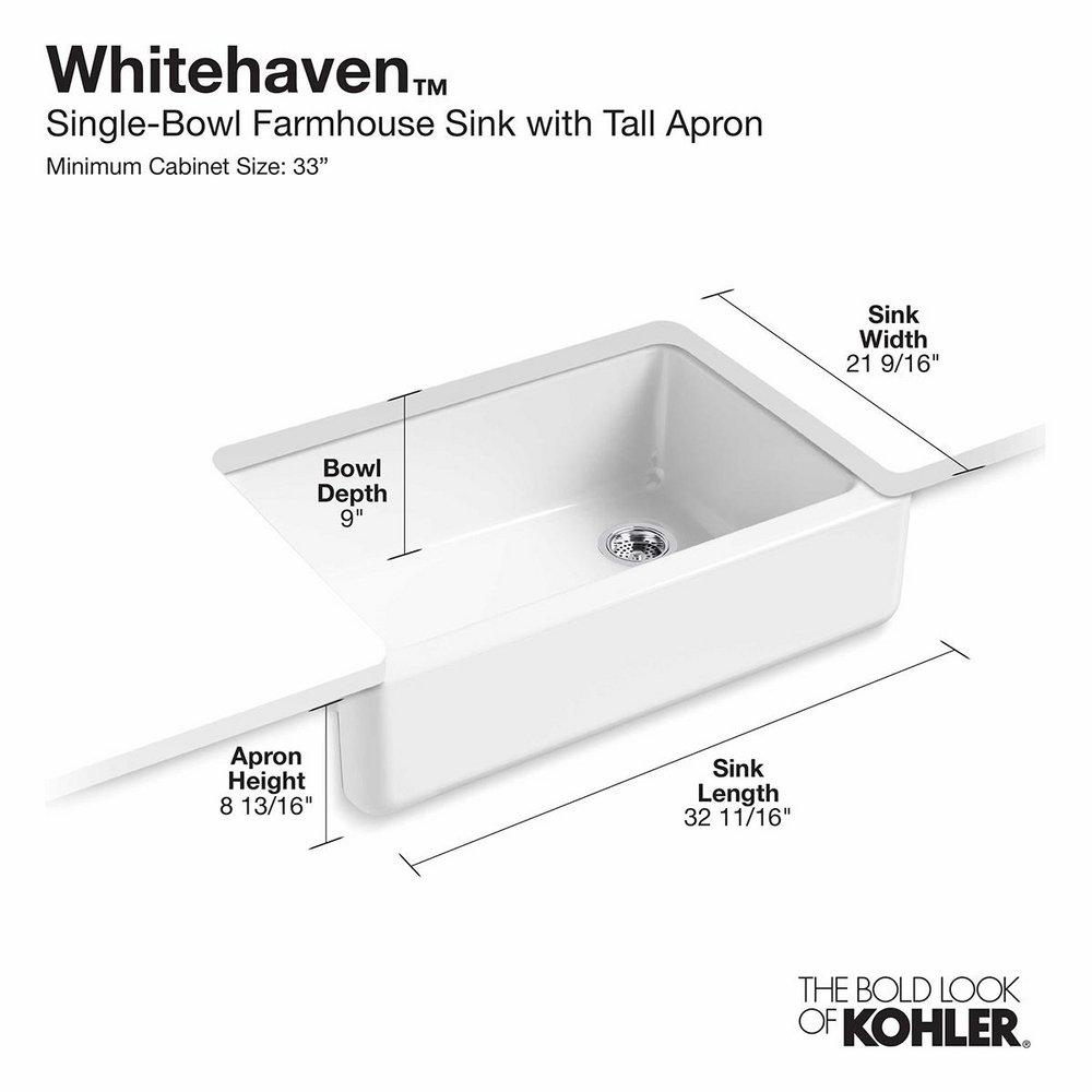 KOHLER White 32-11/16 x 21-9/16 in Cast Iron Single Bowl Farmhouse Kitchen Sink for Apron Front or Undermount Installation 
