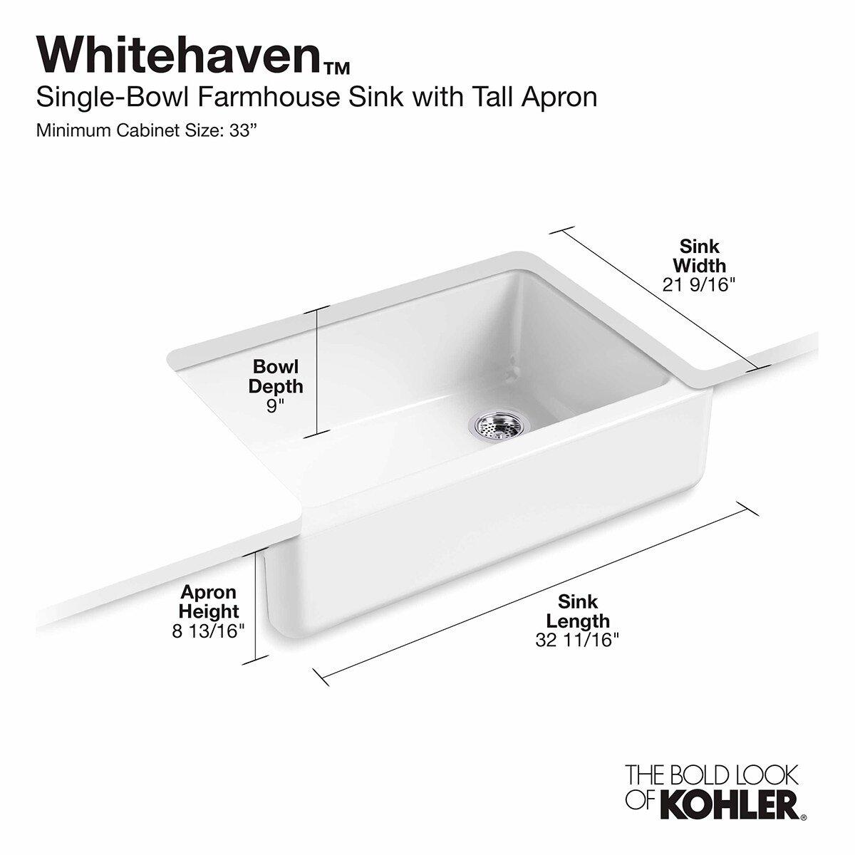 KOHLER White 32-11/16 x 21-9/16 in. No Hole Cast Iron Single Bowl Undermount Kitchen Sink 