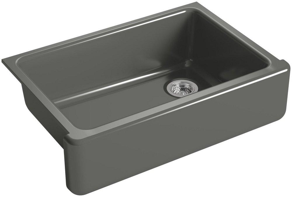 KOHLER Thunder&trade; Grey 32-11/16 x 21-9/16 in Cast Iron Single Bowl Farmhouse Kitchen Sink for Apron Front or Undermount Installation 