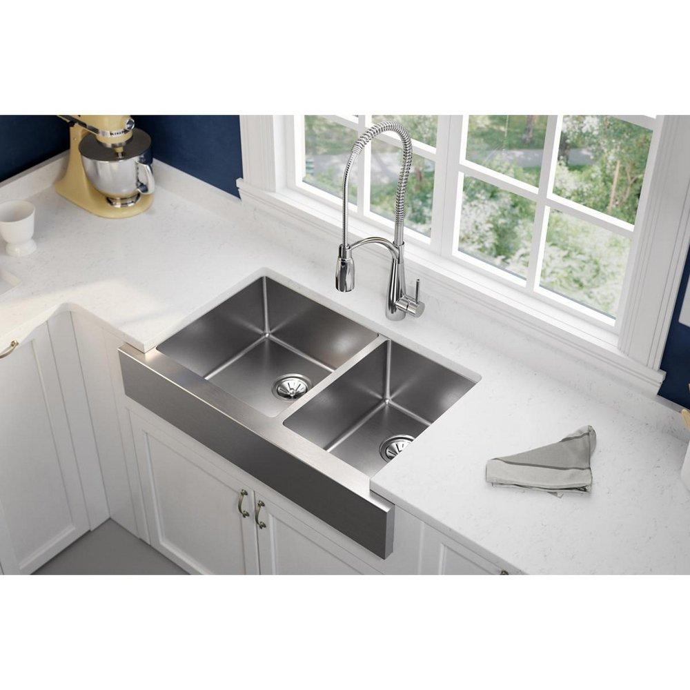 Elkay Polished Satin 35-7/8 x 20-1/4 in. No Hole Stainless Steel Double Bowl Undermount Kitchen Sink 