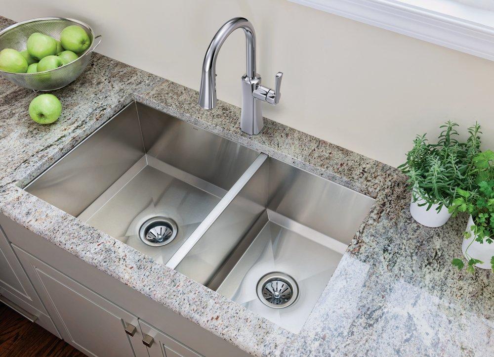 Moen Brushed Stainless Steel 29 x 18 in. No Hole Stainless Steel Double Bowl Undermount Kitchen Sink 