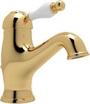 Deckmount Bathroom Sink Faucet with Single Porcelain Lever Handle in Inca Brass