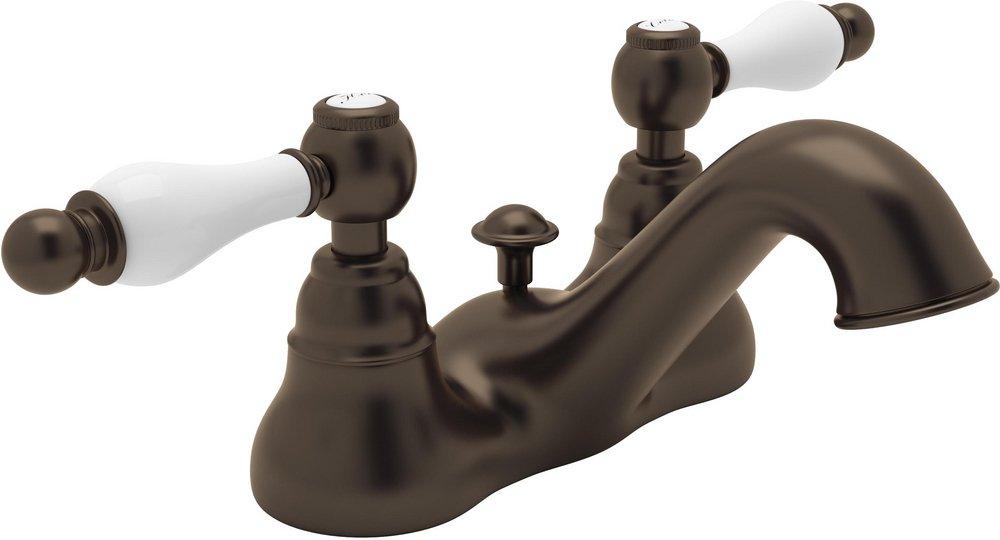 ROHL&reg; Tuscan Brass Deckmount Bathroom Sink Faucet with Double Porcelain Lever Handle 