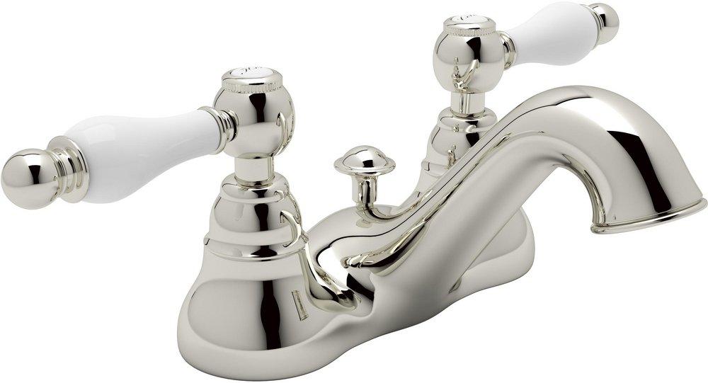 ROHL&reg; Polished Nickel Deckmount Bathroom Sink Faucet with Double Porcelain Lever Handle 