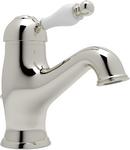 Deckmount Bathroom Sink Faucet with Single Porcelain Lever Handle in Polished Nickel