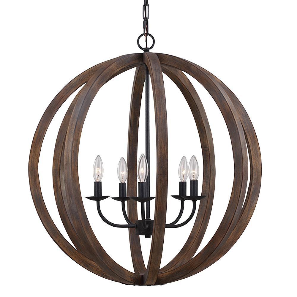 Visual Comfort & Co. Studio Weathered Oak Wood/Antique Forged Iron Pendant 