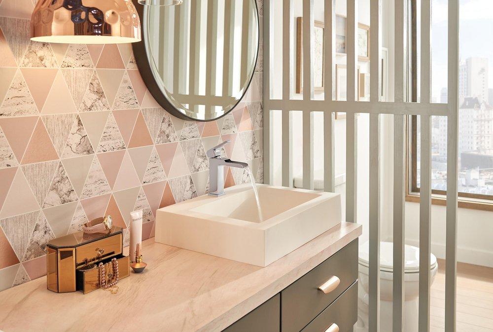 Delta Faucet Chrome Single Handle Monoblock Waterfall Bathroom Sink Faucet with Metal Pop-Up Drain 