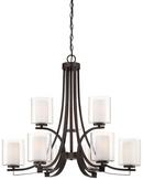100W 9-Light Chandelier with Clear and Etched White Glass in Smoked Iron
