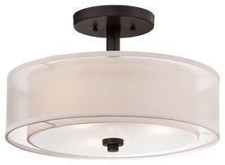 60W 3-Light Medium E-26 Vantage Semi-Flush Drum Ceiling Fixture with Translucent Silver & Off-White Linen Shades in Smoked Iron