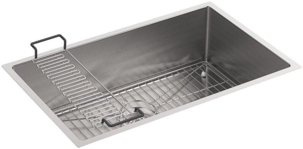 KOHLER Stainless Steel 29 x 18-5/16 in. Stainless Steel Single Bowl Undermount Kitchen Sink with SilentShield Sound Dampening - Includes Utility Shelf and Bottom Sink Rack 