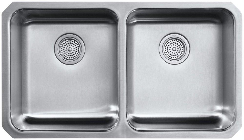 KOHLER Stainless Steel 31-1/2 x 18 in. No Hole Double Bowl Undermount Kitchen Sink 