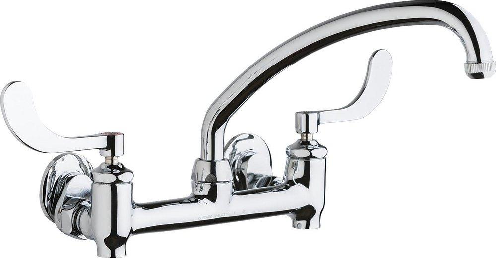 Chicago Faucets Polished Chrome 2 Hole Wall Mount Centerset Hot and Cold Water Sink Faucet with Wristblade Handle 