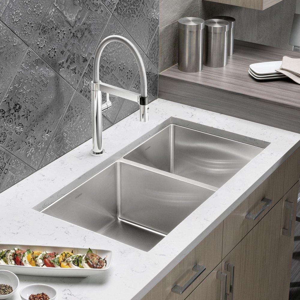 BLANCO Satin 33 x 18 in. No Hole Stainless Steel Double Bowl Undermount Kitchen Sink 